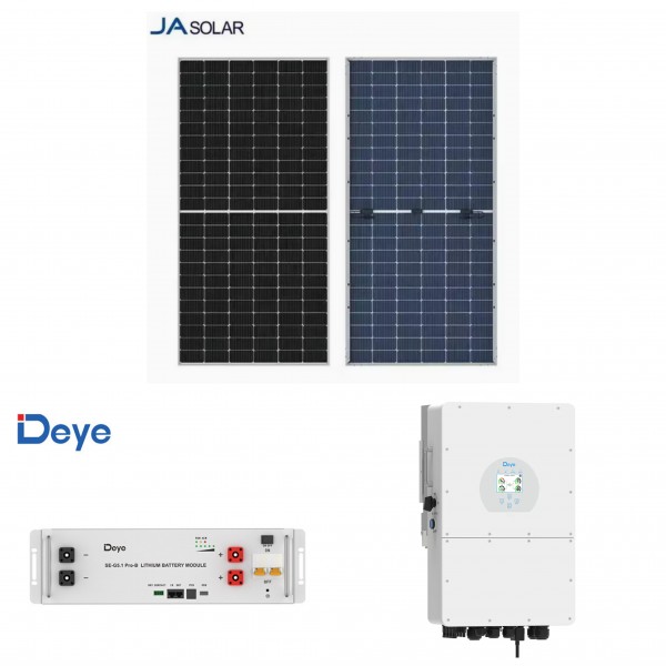 Πάνελ διπλής όψης JA PV module 590W (bifacial) 18τμχ + Μετατροπέας (inverter) DEYE Υβριδικός Μονοφασικός 10KW Low voltage wifi plug 1τμχ + Μπαταρία DEYE  χωρητικότητας 5.12  (kWh) 1τμχ